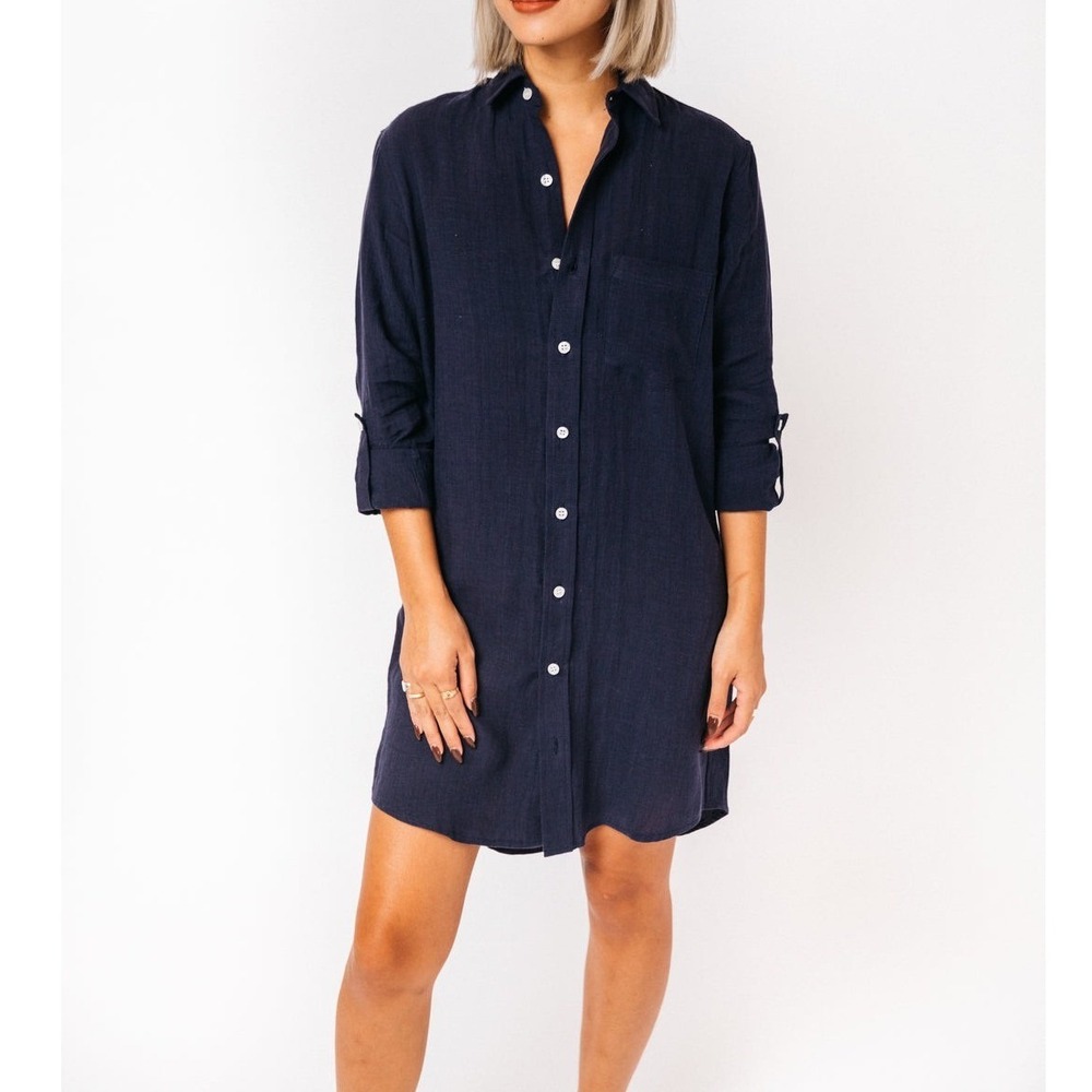 NWT Emily Phillips Washed Linen Girlfriend Shirt Dress Navy Blue Roll Tab US 4